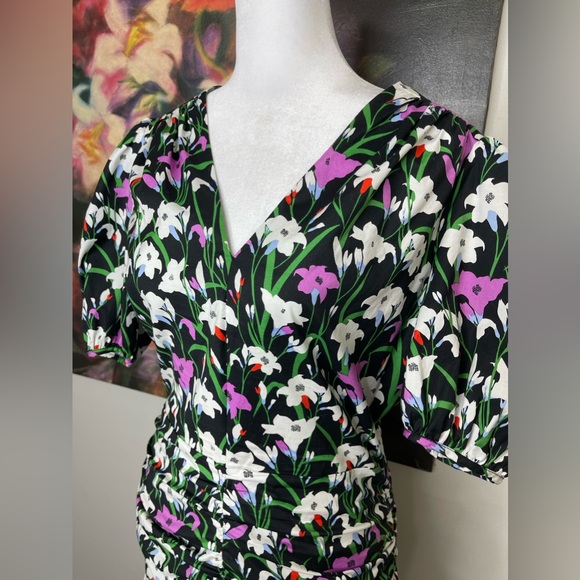 Veronica Beard Janis Ruched Floral Mini Dress Poplin Bubble Sleeves Designer 6 - Picture 9 of 14